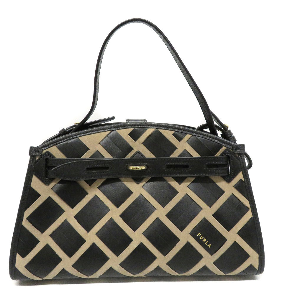 FURLA Margherita Bag Shoulder Handbag Leather Suede Beige Black